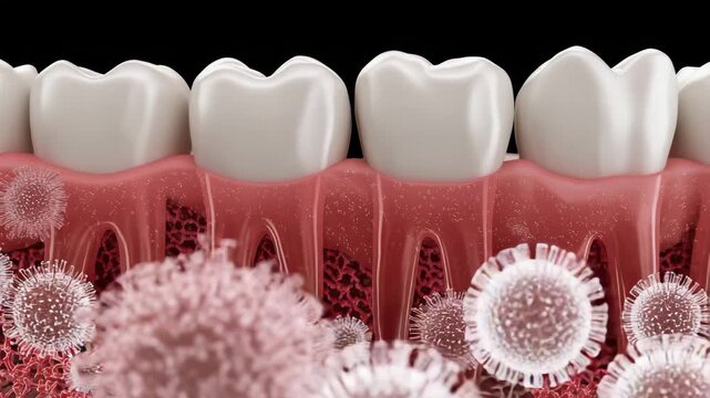 Detailed dental illustration showing teeth gums and bacteria under gumline medical concept of oral health gum disease inflammation infection and hygiene education with microscopic pathogens view