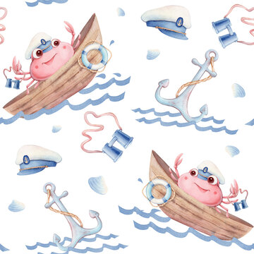Playful watercolor pattern with smiling crabs sailing boats, anchors, sailor hats, shells and waves. Cute hand-painted nautical style, ideal for kids prints, textiles, wallpapers, cards.