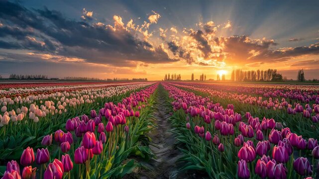 Endless rows of vibrant tulips create geometric patterns across farmland glowing under dramatic sunset sky springtime bloom scenic countryside panorama with rich colors and soft light