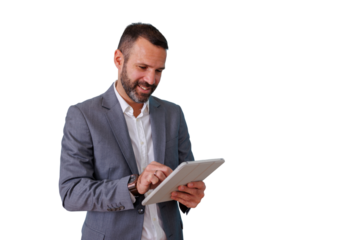 Businessman enjoying modern technology, interacting with a digital tablet on a transparent backdrop, showing connectivity