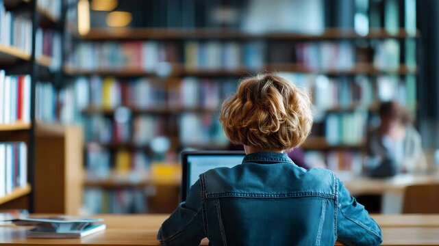 Person working on laptop in library cafe with bookshelves quiet atmosphere remote work studying freelance lifestyle education focus modern workspace reading coffee and concentration in cozy public int