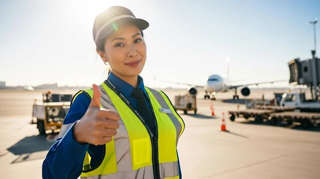 Airport ground crew member giving a thumbs up at the runway apron.