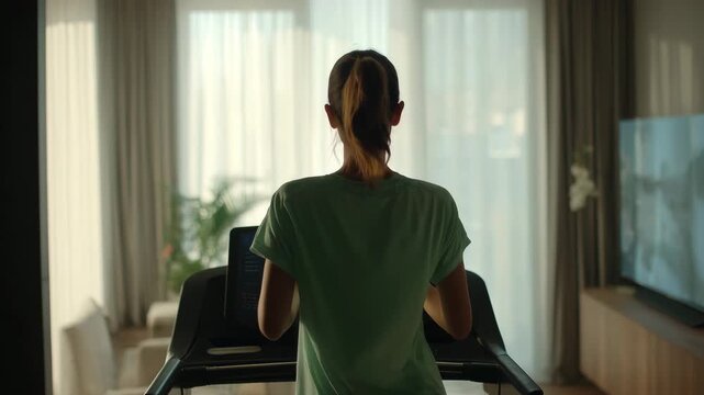 Woman running on treadmill at home bright living room morning workout healthy lifestyle indoor cardio training fitness routine motivation and active daily exercise concept with natural light