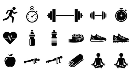 Fitness icons depicting workout equipment, exercises and healthy lifestyle symbols