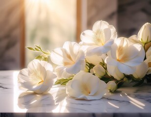 ethereal white flowers on marble with soft sunlight sunlight ethereal floral bloom blossom petals
