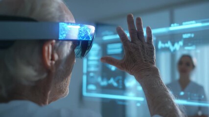 Elderly man using augmented reality headset interacting with virtual medical interface futuristic healthcare technology digital diagnostics innovation and human computer interaction in modern clinic s - Powered by Adobe
