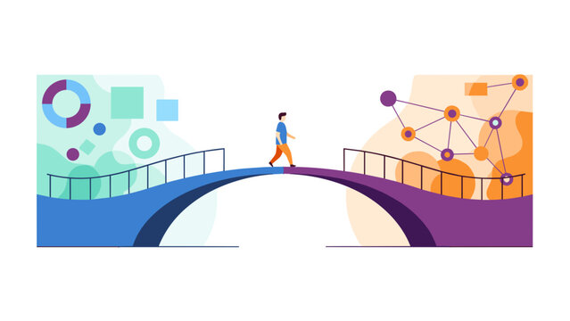 Walking bridge connecting data chart with network connectivity, abstract flat vector