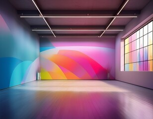 modern empty gallery interior with colorful gradient wall gallery empty modern interior wall gradient colorful exhibition space room floor ceiling lights track lighting window concrete white gray pink