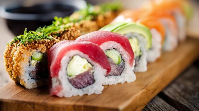 Premium sushi selection with vibrant tuna salmon and avocado slices arranged in row on wooden serving board representing fresh asian gastronomy