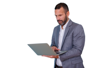 Businessman holding laptop, working, concentrating, researching, using technology, analyzing data, transparent background