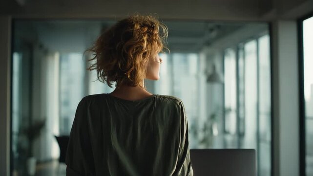 professional woman in workspace observing city view symbol of remote work office routine time management and modern working lifestyle