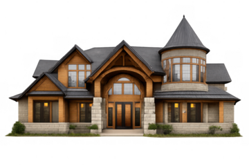 Luxurious house featuring architectural blending of wood and stone, a grand entrance, gable roof, and turret, transparent background