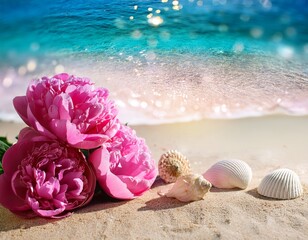peonies and seashells on a peaceful beach with sparkling ocean peonies beach ocean sparkling flowers