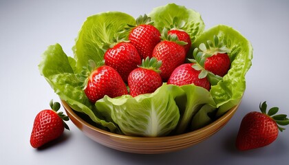 vibrant image of ripe strawberries served in an edible bowl made of fresh lettuce leaves symbolizing healthy organic and natural eating habits