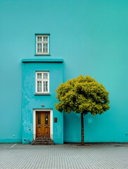 Minimalist urban house in bright turquoise with a single yellow-green tree, modern street aesthetic, trendy architecture backdrop for design and lifestyle imagery.