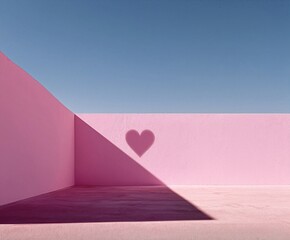 Minimal pink architecture wall casting a heart-shaped shadow under bright blue sky, modern romantic graphic scene, surreal geometric daylight love concept.