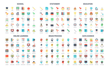 Colorful set of 180 simple flat icons covering school stationery education online learning brain process, data science perfect for web apps infographics and presentations vector illustration