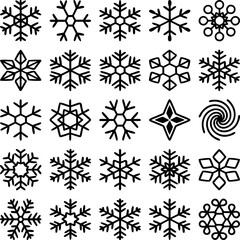 Minimal Black Snowflake Icons Set on White Background