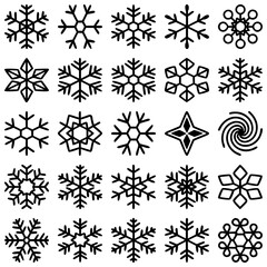 Minimal Black Snowflake Icons Set on White Background