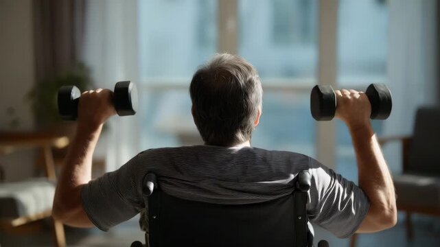 Senior man with disability exercising with dumbbells while sitting in wheelchair at home showing adaptive fitness active aging rehabilitation strength training healthy lifestyle and inclusive wellness