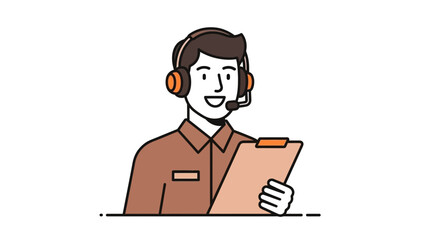 Customer service agent with headset and clipboard, providing assistance and support