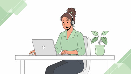 Customer service representative working on a laptop at her desk with a headset and a plant nearby
