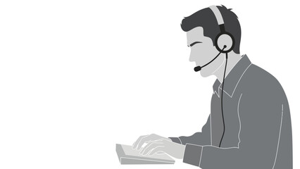 A person wearing headphones and a microphone, typing on a keyboard in a grayscale illustration, representing communication and customer service