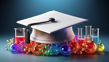 a 3d rendering of a white graduation cap adorned with colorful chemical glassware test tubes and molecular structures symbolizing science education and career success in stem fields
