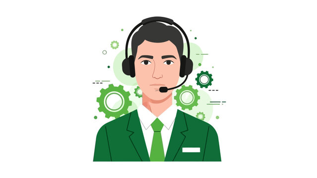 Man wearing headset and suit, representing customer service and technical support, with gear graphics - Powered by Adobe