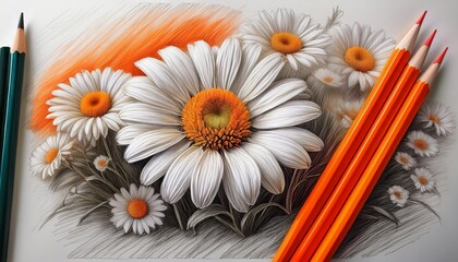 artistic blend pencil drawing and photograph of white daisies with orange pencils drawing pencil ai