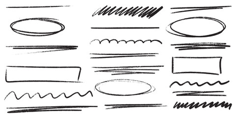 Hand drawn crayon highlight strokes with black underline marks and pencil textures. Rough freehand brush elements with wavy lines, doodle shapes and sketch effects for creative crayon designs.