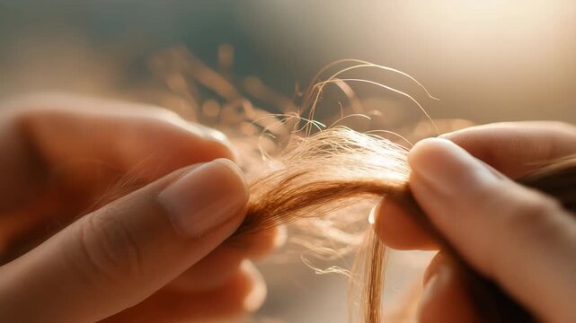 Close up of damaged hair strands between fingers showing split ends dryness and breakage concept of hair care treatment beauty routine hair health problems salon care and cosmetic therapy