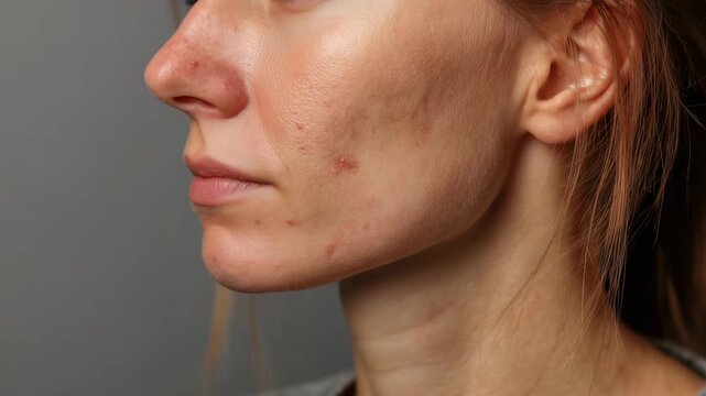Close up facial profile of woman with acne pimples and skin irritation representing dermatology issue skincare problem and cosmetic concern