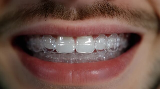 Close up smile with transparent orthodontic aligners on teeth concept of dental alignment modern orthodontics oral care and cosmetic dental treatment