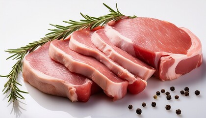 sliced raw pork meat garnished with rosemary and pepper on a clean surface