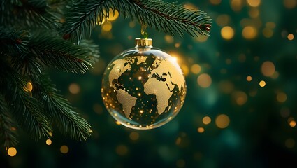 Christmas World Map Globe Ornament Ball in Gold and Green Colors