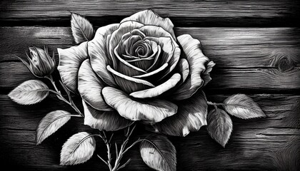 black and white rose drawing on rustic wooden background rose drawing rustic wooden flower sketch ai