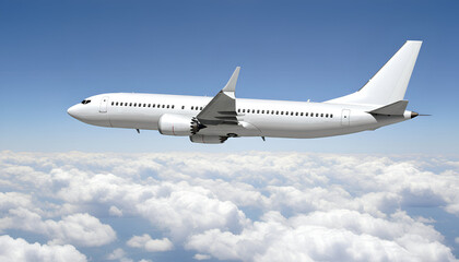 Fototapeta premium White Airplane Boeing 737 Max Modern Passenger Jet Plane Flying Above White Clouds and Blue Sky Side View Angle