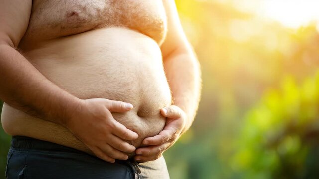 Overweight male torso with visible belly fat held by hands outdoors highlighting obesity weight gain and unhealthy lifestyle body shape health risk concept metabolism and modern lifestyle problem