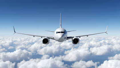 Fototapeta premium White Airplane Boeing 737 Max Modern Passenger Jet Plane Flying Above White Clouds and Blue Sky Front View Angle