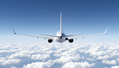 Obraz premium White Airplane Boeing 737 Max Modern Passenger Jet Plane Flying Above White Clouds and Blue Sky Rear Back View Angle