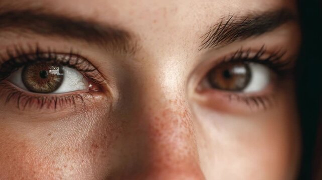 Close up shot of female eyes with freckles and natural skin highlighting gaze emotion facial features and realistic beauty portrait with shallow depth of field
