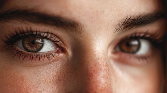 Close up of female eyes with natural freckles showing beauty authenticity skin texture emotion gaze detail and human facial expression in soft natural light