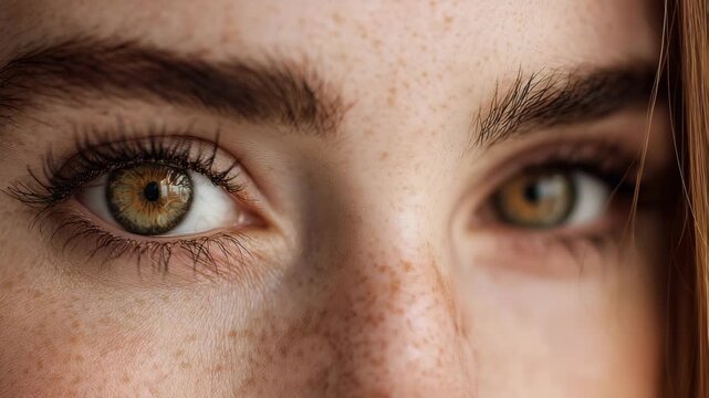 close up portrait of female eyes with natural freckles detailed skin texture hazel green eye color beauty authenticity natural appearance dermatology skincare concept and human emotion