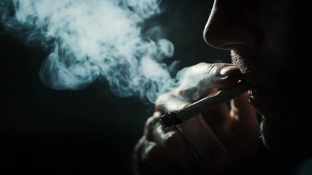 Close up of adult smoking cigarette in dark atmosphere showing tobacco use addiction habit health risk stress coping and lifestyle behavior concept with dramatic light and smoke