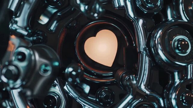 Futuristic mechanical heart glowing inside advanced machine