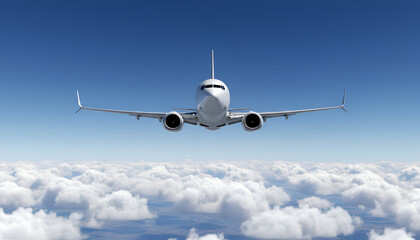 Obraz premium White Airplane Boeing 737 Max Modern Passenger Jet Plane Flying Above White Clouds and Blue Sky Front View Angle