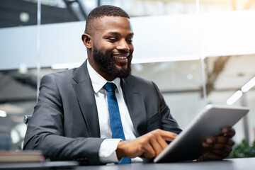 Fototapeta premium Man in suit is sitting at a desk and using a tablet in an office. He appears focused on the screen with a smile. The office has glass walls and a modern design with natural light.