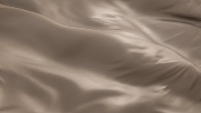Close-up of rumpled beige satin fabric with soft folds and creases on a white background.