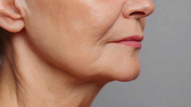Close up profile of mature woman face showing natural aging skin jawline and neck wrinkles realistic beauty concept dermatology skincare anti aging treatment cosmetic medicine and facial anatomy study
